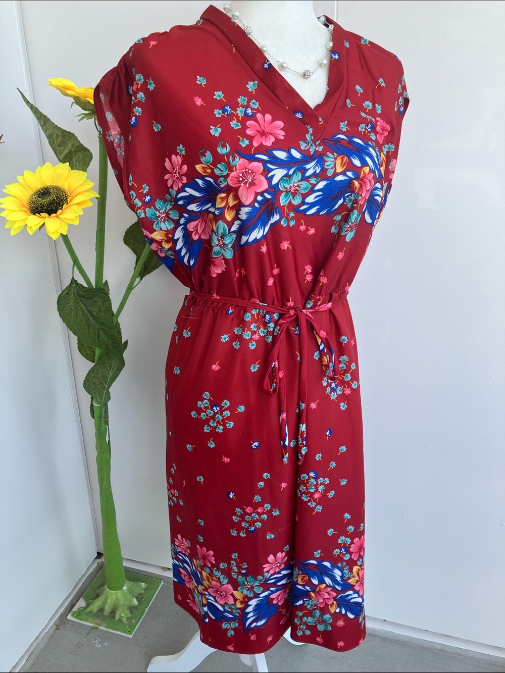 Vintage 70s Red Sleeveless Midi Dress with Pink & Blue Floral Border Print